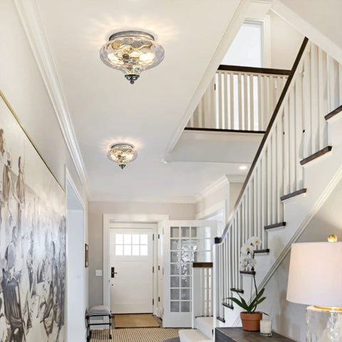 Modern Two Light Hammered Glass Flush Mount Ceiling Light In Chrome Finish in hallway setting, 10.2 inch diameter.