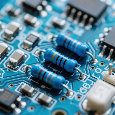 Close-up view of metal film resistors on a circuit board from the Metal Film Resistor Kit With 600 Pieces 30 Values 1% Tolerance.