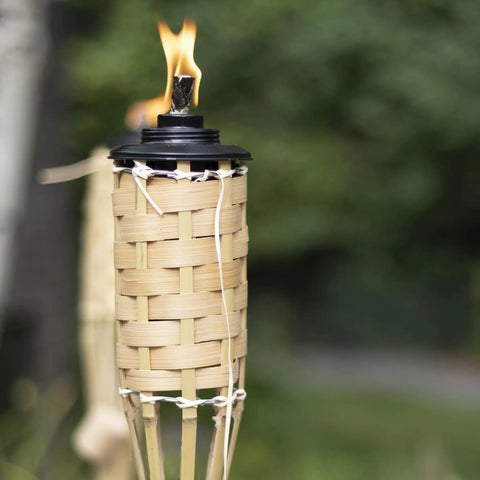 57 Inch Bamboo Tiki Torch Set For Outdoor Patios And Backyards, Natural Woven Torch With Fiberglass Wick And Metal Fuel Canister