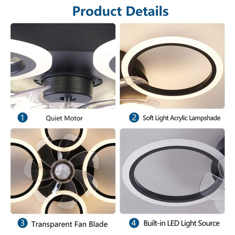 26 Inch Geometric Ceiling Fan With Lights Remote Control Bladeless Low Profile Design for Kitchen and Bedroom details
