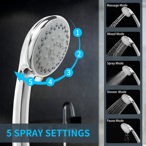 High Pressure Handheld Shower Head With 5 Settings showcasing spray modes and stainless steel design