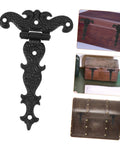 Close-up of a black retro European box hinge, part of the Set Of Four Retro European Style Wooden Box Hinges Built Tough For Durable Cabinet Hardware With No Sweat Installation Perfect For Diy Vintage Storage And Antique Furniture Restoration Projects.