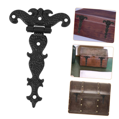Close-up of a black retro European box hinge, part of the Set Of Four Retro European Style Wooden Box Hinges Built Tough For Durable Cabinet Hardware With No Sweat Installation Perfect For Diy Vintage Storage And Antique Furniture Restoration Projects.