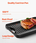Reversible Cast Iron Grill And Griddle Pan Fourteen By Eight And A Half Inch Preseasoned Portable with steak on ridged side