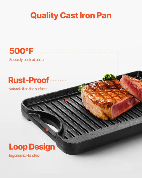 Reversible Cast Iron Grill And Griddle Pan Fourteen By Eight And A Half Inch Preseasoned Portable with steak on ridged side