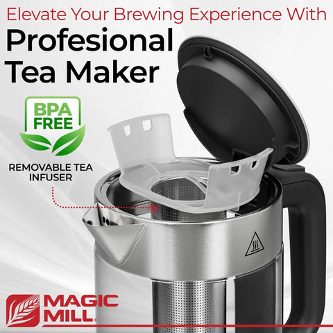 Electric Kettle With Temperature Control And Tea Infuser, 1.7L Large Capacity, BPA Free, stainless steel body open with infuser visible.