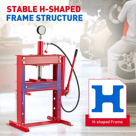 Heavy Duty Hydraulic Shop Press Serving Up A Badass 10 Ton Crush Force With Reliable Pressure Gauge For Quick Bearing Swaps And No Drama Daily Shop Tasks Built To Rock Hard, showing stable H-shaped red frame.