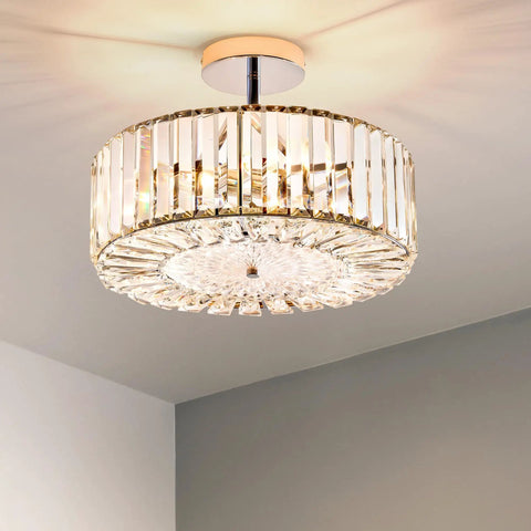 Modern Crystal Flush Mount Ceiling Light Fixture Dope With 12 Inch Round Crystal Shade Dimmable 120W Close To Ceiling Low Profile