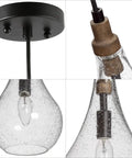 Close-up details of Cozy Rustic Farmhouse Wood And Glass Pendant Light for Kitchen Island and Dining Room with teardrop glass