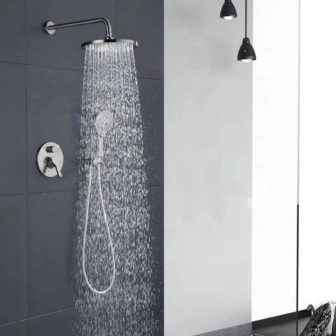 Brushed Nickel Shower Faucet Set Complete Shower System With 6 Inch Rain Shower Head Handheld Spray And High Pressure Rough In Valve Body