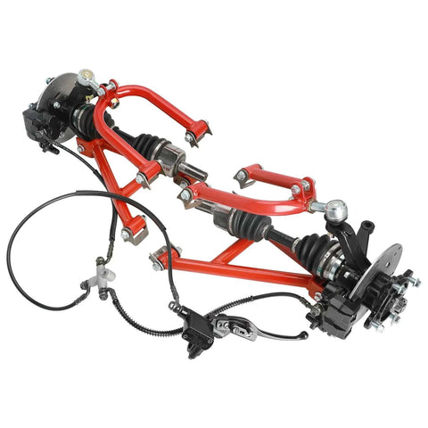 Beefed Up 4WD Rear CV Axle Shaft And Suspension Brake Kit for ATV UTV Go Kart Quad Buggy Golf Cart showing red suspension arms and disc brakes