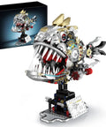 Mechanical Piranha Building Set With Multi Joint Linkage Fish That Works With Lego Animal Bricks Dope For Book Shelves Or Home Office Decor STEM Ocean Creature Toy For Boys Age 8 Plus Creative Gift For Fish Lovers, front view on stand