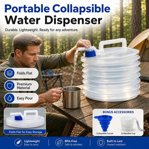 Man using a Collapsible 5 Gallon Water Jug With Spigot And Vent For Camping And Home Emergency Prep outdoors at campsite table.