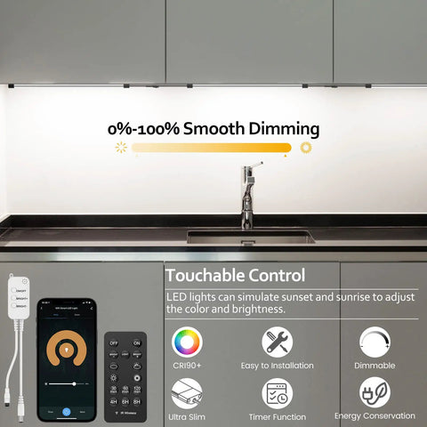 Smart Under Cabinet Lighting Kit With Dimmable LED Strip Lights 24V Plug In Linkable Bar Lights For Pantry Kitchen Shelves