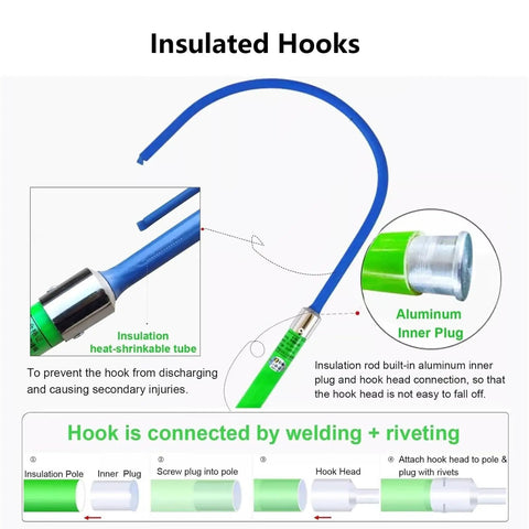 Pro Grade Lifesaver High Voltage Rescue Hook With Telescoping Fiberglass Pole diagram showing insulation and aluminum plug features