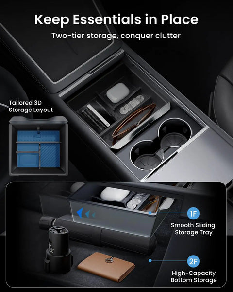 Center Console Organizer For Tesla Model Y Juniper 2025 2026 And Model 3 Highland 2024 2026 All Trims 4 Piece Dual Tier Storage