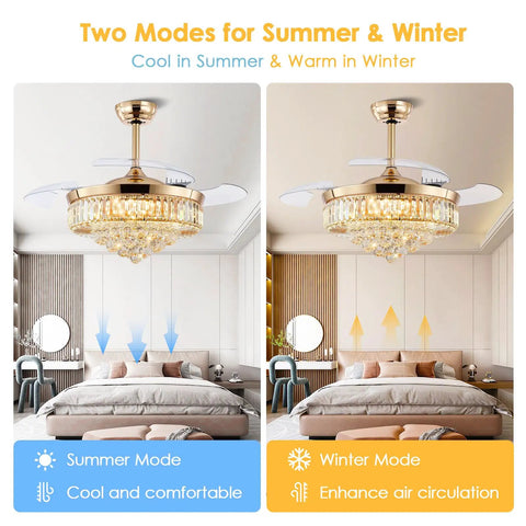 Crystal Chandelier Ceiling Fan With Retractable Blades, Remote Control, Dimmable Lights, Memory Function, Two Modes for Living Room