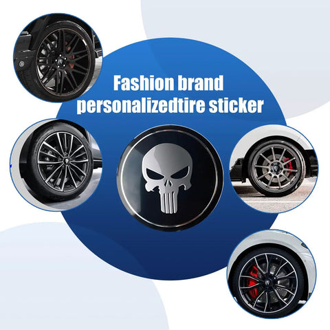 Step Up Your Daily Ride With These Heavy Duty Black Metal Skull Car Wheel Center Caps Rocking A Durable 2.2 Inch Hub Cover on car rims.