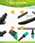 Steps to install 50 Pcs Adjustable Atomizing Nozzles For 1/4 Inch Drip Irrigation Tubing shown in four-step diagram.