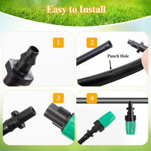 Steps to install 50 Pcs Adjustable Atomizing Nozzles For 1/4 Inch Drip Irrigation Tubing shown in four-step diagram.