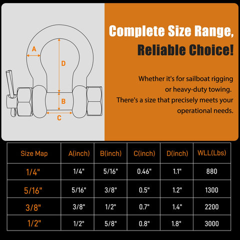 Three Eighths Inch Bow Shackle 2 Pack Saltwater Ready Marine Grade 316 Stainless Steel size chart and specifications guide.