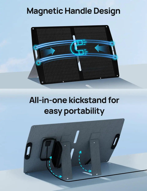12V 50Ah LiFePO4 Battery With 100W Portable Solar Panel showing magnetic handle design and kickstand for camping