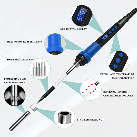 Diagram of Blue 80W Adjustable Temperature Soldering Iron Kit with LCD display, tips, handle, and components for DIY repair.