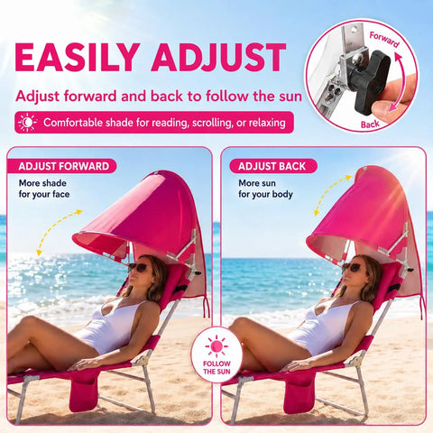 Outdoor Sunbathing Lounge Chair With Canopy Shade And Face Hole Padded And Washable Six Position Layout For Poolside Beach Or Lawn UPF 50 Plus Wind Resistant Sun Shade Patented Design pink on beach with adjustable canopy.