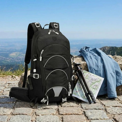Dope Lightweight Hiking Backpack For Camping And Day Hikes, outdoor gear on rugged path with map and jacket
