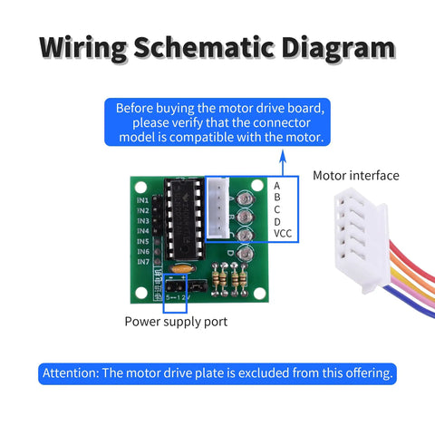 Wiring schematic diagram for Two Pack 24BYJ48 12V Stepper Motor With 4 Phase 5 Wire Micro Reducer pictured with motor interface