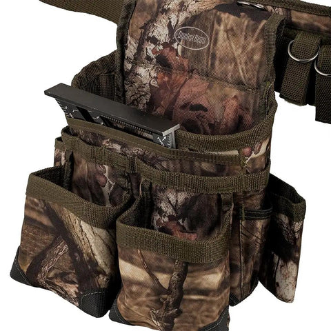 Close-up of Camo Tool Belt With Suspenders From Original Series 85035 Heavy Duty Pro Grade Construction Belt with Barrel Bottom Pouches.