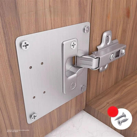 Stainless door hinge repair plate kit installed on kitchen cabinet, part of Door Hinge Repair Plate for Kitchen Cabinets and Furniture.