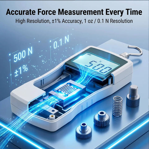 Beefy 500N Digital Force Gauge With Real Time, Peak And First Peak Modes For Tension And Compression Testing, Backlit LCD Screen, Four Units N Kg Lb Oz, High Precision Inner Sensor, Easy Trigger Pull For DIY, Lab Or Workshop cutaway view showing 500N sensor