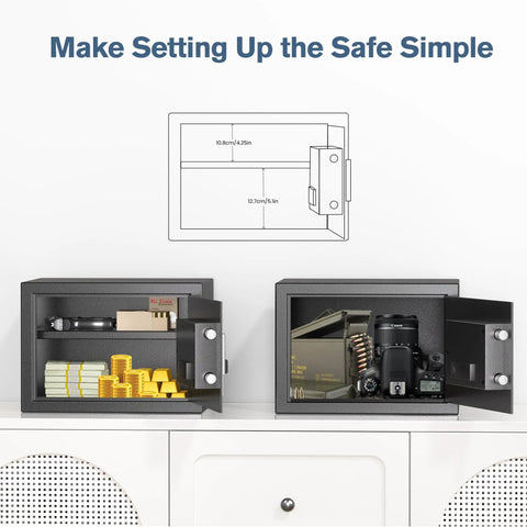Two open Home Safe Box With 0.6 Cu Ft Stash Space showing money, firearms, and shelves. Diagram displaying dimensions above.