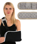 Premium Soft Arm Sling Padding To Ease Neck Pressure And Stop Straps From Cutting In Plush Foam Covers on model with black arm sling.