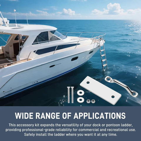Stainless Steel Dock Ladder Hardware Attachment Kit For Pontoon Ladders And Swim Platforms, shown with boat.