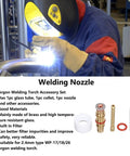 High Temp TIG Welding Torch Accessory Kit With Glass Cup Nozzle For 2 Point 4mm WP17 WP18 WP26 Argon Welder showing welding nozzle components.