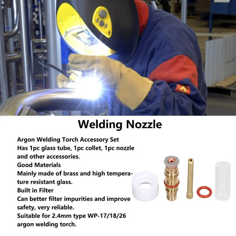 High Temp TIG Welding Torch Accessory Kit With Glass Cup Nozzle For 2 Point 4mm WP17 WP18 WP26 Argon Welder showing welding nozzle components.