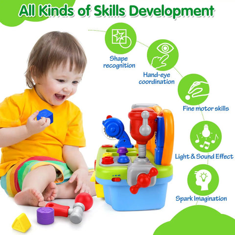 Toddler playing with Musical Toddler Tool Bench Set For One Year Olds, Montessori Educational Play Kit with lights, sounds, tools.