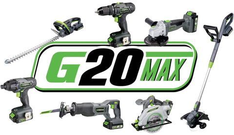 G20 Max power tools including Beefy 20V Cordless Drill With One Half Inch Metal Ratcheting Chuck 450 Inch Pounds Of Torque Two Speed Gear Box 22 Clutch Settings Plus Drill Mode And Electric Brake Includes Two Amp Hour Battery And Charger