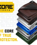 Stack of tarps showcasing various colors and labeled 'CORE Tarps,' emphasizing durability and protection against heavy weather.