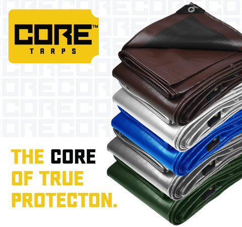 Stack of tarps showcasing various colors and labeled 'CORE Tarps,' emphasizing durability and protection against heavy weather.