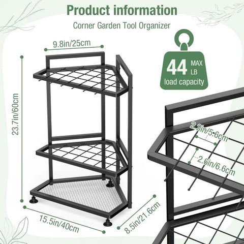 Corner Triangular Garden Tool Organizer for long handled tools and rakes brooms heavy duty steel yard tool storage rack
