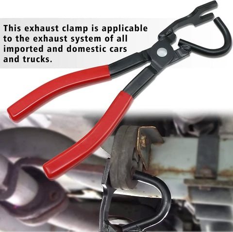 Exhaust hanger removal pliers with red handles for rubber hangers