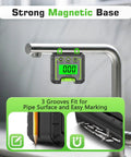 Heavy Duty Digital Angle Level And Inclinometer With Rock Solid Magnet Base And Bright Lcd Screen on a metal pipe with grooves for easy marking.