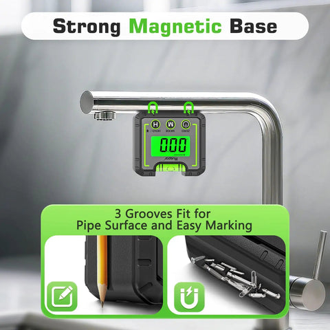 Heavy Duty Digital Angle Level And Inclinometer With Rock Solid Magnet Base And Bright Lcd Screen on a metal pipe with grooves for easy marking.
