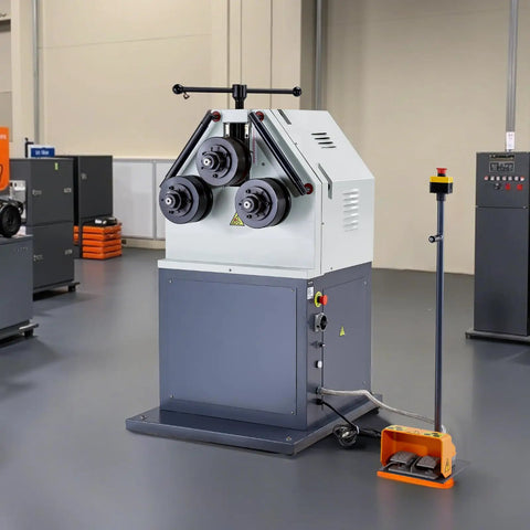 Industrial 2.2kw Electric Pipe Roll Bender With Three Roller Design For Precision Rolling Up To 3mm Thickness And 180 Degree Max Bending Angle feature overview with foot switch.