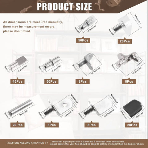Diagram of 237 Piece Shelf Pins Kit with Nickel Plated Metal Pins, Black Rubber Sleeves, and 9 Bracket Peg Styles for Cabinets and Bookshelves.