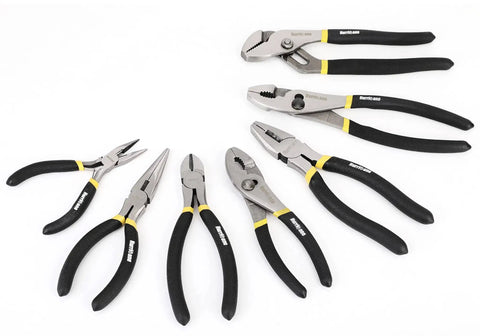 7 Piece Pliers Set With 8 Inch Water Pump Pliers 8 Inch And 6 Inch Slip Joint Pliers 7 Inch Linesman Pliers 6 Inch Diagonal Pliers And 6 Inch Mini Long Nose Pliers For Home Diy Auto Heavy Duty Anti Slip Double Dip Handles displayed on white background.