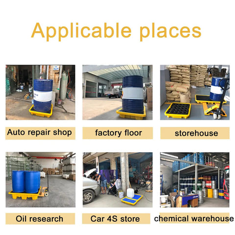 Heavy Duty 2 Drum Spill Containment Platform With Grating, Stackable Modular Spill Pallet in various shop settings